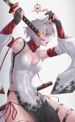 Rule 34 | 1girl, alternate costume, amekudaki, animal ears, armpits, arms up, bare shoulders, breasts, center opening, china dress, chinese clothes, copyright name, detached sleeves, dress, facial mark, from side, gloves, hat, highres, holding, holding sword, holding weapon, inubashiri momiji, katana, medium breasts, open mouth, partially fingerless gloves, red eyes, scabbard, sheath, short hair, short sleeves, side slit, simple background, solo, sword, tail, thigh strap, tokin hat, touhou, turtleneck, unsheathed, weapon, white background, white hair, wide sleeves, wolf ears, wolf girl, wolf tail