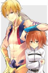 Rule 34 | 1boy, 1girl, arm guards, arm on own head, arm rest, arm tattoo, bad id, bad twitter id, bare pectorals, belt, belt buckle, blonde hair, blue vest, blush, breasts, brown eyes, brown hair, buckle, closed mouth, collarbone, command spell, fate/grand order, fate (series), fujimaru ritsuka (female), gem, gilgamesh, gilgamesh (caster) (fate), gilgamesh (fate), grey background, hair between eyes, hair ornament, hair scrunchie, hand on own arm, hand tattoo, headpiece, height difference, long sleeves, looking at viewer, looking to the side, medium breasts, open clothes, open vest, pectorals, ponytail, purple gemstone, red eyes, red hair, scrunchie, short hair, side ponytail, simple background, sketch, smile, stomach, tattoo, underbust, uniform, upper body, vest, wavy mouth, yukichi (eikichi)