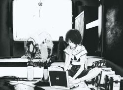 1boy absurdres animal bad_id bad_twitter_id bottle cat computer cup drinking_glass electric_fan greyscale hair_over_one_eye headphones headphones_around_neck highres hos1_i ikezawa_kazuma indoors laptop male_focus monochrome print_shirt shirt shorts sitting sleeveless sleeveless_shirt solo summer_wars water_bottle wind_chime