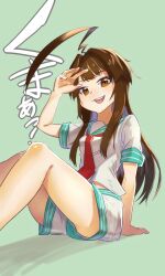 Rule 34 | 1girl, ahoge, aqua sailor collar, brown eyes, brown hair, character name, green background, highres, huge ahoge, kantai collection, kuma (kancolle), long hair, looking at viewer, neckerchief, one-hour drawing challenge, open mouth, red neckerchief, sailor collar, school uniform, serafuku, sho bu 1116, short sleeves, shorts, simple background, sitting, solo, teeth, upper teeth only, white shorts