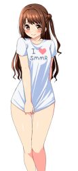 1girl blush bottomless breasts brown_eyes brown_hair closed_mouth clothes_writing collarbone commentary feet_out_of_frame hair_bun hair_intakes heart idolmaster idolmaster_cinderella_girls long_hair looking_at_viewer medium_breasts one_side_up shimamura_uzuki shirt shirt_tug short_sleeves single_side_bun smile solo split_mouth t-shirt thigh_gap white_shirt yoyomura