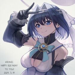 Rule 34 | 1girl, arm at side, bare shoulders, black gloves, black hair, black shirt, blue bow, blue bowtie, blue eyes, bow, bowtie, breasts, brooch, chain headband, cleavage, cleavage cutout, closed mouth, clothing cutout, commentary, crop top, cropped shirt, dated, detached sleeves, english commentary, english text, frilled sleeves, frills, gloves, hair intakes, halo, hand up, happy birthday, headband, heart, heart-shaped gem, heart brooch, high collar, highres, hololive, hololive english, jewelry, juliet sleeves, large breasts, long sleeves, looking at viewer, mechanical halo, ouro kronii, ouro kronii (1st costume), pinstripe pattern, pinstripe shirt, puffy sleeves, ruraji, sailor collar, shirt, short hair, sleeveless, sleeveless shirt, smile, solo, upper body, v over head, virtual youtuber, white sailor collar, white shirt, white veil, zipper