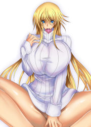 Rule 34 | 1girl, blonde hair, blue eyes, bottomless, breasts, condom, condom in mouth, covering privates, covering crotch, curvy, female focus, groin, huge breasts, legs, long hair, mouth hold, simple background, solo, spread legs, sweater, thick thighs, thighs, umino mokuzu (a4 size), white background