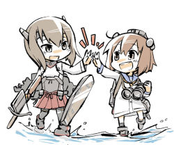Rule 34 | ^^^, 10s, 2girls, :d, binoculars, black legwear, bow (weapon), brown eyes, brown hair, crossbow, dress, flight deck, hair ornament, high five, kantai collection, konno akikaze, looking at another, machinery, multiple girls, neckerchief, open mouth, pleated skirt, sailor collar, sailor dress, short hair, skirt, smile, standing, standing on liquid, taihou (kancolle), torihamu, weapon, white background, yukikaze (kancolle)