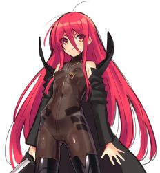 Rule 34 | 1girl, alternate costume, bare shoulders, black thighhighs, bodysuit, breasts, coat, eyes visible through hair, hair between eyes, holding, holding sword, holding weapon, jewelry, katana, long hair, looking at viewer, necklace, ohlia, parted lips, red eyes, red hair, shakugan no shana, shana, simple background, skin tight, small breasts, solo, sword, thighhighs, trench coat, v-shaped eyebrows, very long hair, weapon, white background