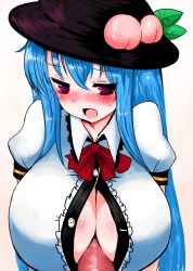 Rule 34 | alternate breast size, blue hair, blush, breasts, censored, han (jackpot), hat, hinanawi tenshi, huge breasts, long hair, open clothes, open mouth, open shirt, paizuri, paizuri under clothes, penis, red eyes, shirt, simple background, touhou, upper body, very long hair