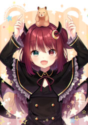 Rule 34 | 1girl, :d, ahoge, amahara pekozaemon, animal, animal on head, arms up, bat hair ornament, black capelet, black dress, blue eyes, blush, buttons, capelet, character name, commentary, crescent, crescent hair ornament, demon girl, demon horns, demon wings, dress, fang, frilled capelet, frilled sleeves, frills, hair between eyes, hair ornament, hamster, hands up, heterochromia, highres, horns, long hair, long sleeves, looking at viewer, nijisanji, on head, open mouth, red eyes, red hair, smile, solo, star (symbol), two side up, upper body, virtual youtuber, wings, yuzuki roa