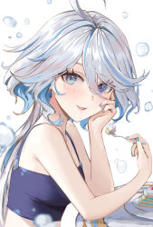 Rule 34 | 1girl, ahoge, atiarta7, bare arms, bare shoulders, blue eyes, blue hair, blue nails, blush, breasts, bubble, earrings, fork, from side, furina (genshin impact), genshin impact, grey hair, hair between eyes, hand on own cheek, hand on own face, highres, jewelry, long hair, looking at viewer, looking to the side, medium breasts, multicolored hair, nail polish, parted lips, smile, solo, two-tone hair, upper body