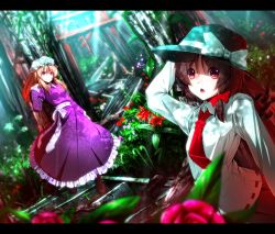 Rule 34 | 2girls, :o, blonde hair, bow, brown hair, dress, female focus, flower, grass, hair bow, hat, hat bow, hat ribbon, highres, letterboxed, long hair, looking at viewer, maribel hearn, multiple girls, necktie, purple eyes, red eyes, revision, ribbon, ryosios, shirt, stairs, sunlight, torii, touhou, tree, usami renko, white shirt