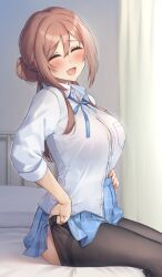 1girl blue_skirt blush breasts brown_pantyhose closed_eyes collared_shirt gakuen_idolmaster hair_bun highres himesaki_rinami idolmaster large_breasts light_brown_hair long_hair neck_ribbon open_mouth pantyhose pinta_(ayashii_bochi) ribbon shirt single_side_bun sitting skirt sleeves_rolled_up smile solo white_shirt