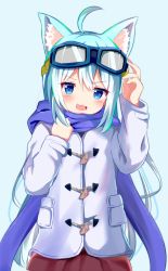 Rule 34 | &gt;:d, 1girl, :3, :d, animal ears, aqua background, aqua hair, blue eyes, coat, commentary request, duffel coat, goggles, goggles on head, gradient hair, hand on goggles, jacket, long hair, long sleeves, multicolored hair, nagomi yayado, open mouth, original, red skirt, scarf, silver hair, simple background, skirt, smile, solo, v-shaped eyebrows, wolf ears