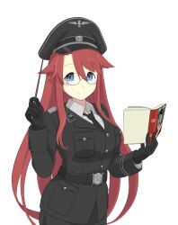 Rule 34 | 1girl, adolf hitler, alternate costume, aty (summon night), black cat03, black gloves, black hat, black jacket, black necktie, blue eyes, book, closed mouth, collared shirt, glasses, gloves, hat, highres, holding, holding wand, jacket, long hair, looking at viewer, mein kampf, military uniform, nazi, necktie, open book, peaked cap, red hair, shirt, simple background, smile, solo, ss insignia, summon night, totenkopf, uniform, waffen-ss, wand, white background