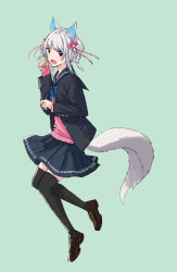 Rule 34 | 1girl, animal ear fluff, animal ears, black thighhighs, blue bow, blue skirt, bow, brown footwear, fang, green background, grey hair, highres, kazuharu kina, open mouth, original, pink eyes, short hair, simple background, skin fang, skirt, sleeves past wrists, smile, solo, tail, thighhighs, virtual youtuber