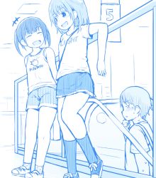 Rule 34 | +++, 1boy, 2girls, :d, bare shoulders, between breasts, blue theme, blush, breasts, closed eyes, clothes writing, escalator, fujisaka lyric, indoors, monochrome, multiple girls, open mouth, original, shirt, shoes, short shorts, short sleeves, shorts, skirt, small breasts, smile, socks, standing, strap between breasts, sweat, tank top, twintails