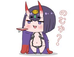 Rule 34 | 1girl, :d, black panties, blush, chibi, commentary request, cup, fang, fate/grand order, fate (series), flat chest, headpiece, highres, horns, japanese clothes, jitome, kimono, long sleeves, navel, oni, open clothes, open kimono, open mouth, panties, purple eyes, purple hair, purple kimono, rei (rei rr), sakazuki, short hair, shuten douji (fate), simple background, skin-covered horns, smile, solo, standing, translation request, underwear, white background