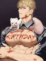 Rule 34 | &gt; &lt;, 1boy, animal, bara, bare pectorals, black shirt, blonde hair, brown eyes, crossed arms, food, food on body, food on face, food on pectorals, gggang kon, happy birthday, highres, large pectorals, male focus, muscular, muscular male, nipples, nu carnival, open clothes, open shirt, pectorals, quincy (nu carnival), shirt, short hair, topper (nu carnival), twitter username, upper body