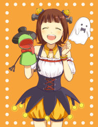 Rule 34 | 10s, 1girl, amami haruka, bloomers, bracelet, brown hair, corset, closed eyes, hair ornament, halloween, hand puppet, idolmaster, idolmaster (classic), idolmaster 2, jewelry, open mouth, puppet, risakko3, smile, solo, underwear