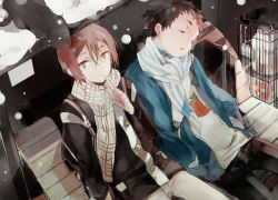 Rule 34 | 10s, 2boys, aged down, bag, bench, black cat, brown hair, cat, closed eyes, finger to mouth, free!, from above, hands in pockets, looking at viewer, male focus, matsuoka rin, multiple boys, open mouth, plaid, plaid scarf, red eyes, red hair, scarf, shushing, sitting, sleeping, snow, snowing, striped clothes, striped scarf, suou (sdurorhr), yamazaki sousuke