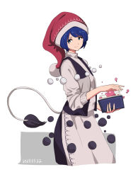 Rule 34 | 1girl, blob, blue eyes, blue hair, book, closed mouth, dated, doremy sweet, dream soul, dress, hat, holding, holding book, long sleeves, nightcap, pom pom (clothes), red hat, shishi osamu, short hair, smile, solo, tail, tapir tail, touhou, white dress
