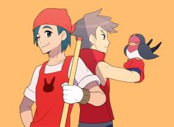 Rule 34 | 2boys, apron, bandana, bare arms, bird, bird keeper (pokemon), brown hair, closed mouth, commentary request, creatures (company), game freak, gen 3 pokemon, gloves, hand up, holding, jaho, male focus, multiple boys, nintendo, one eye closed, orange background, pokemon, pokemon (creature), pokemon breeder (pokemon), pokemon oras, red apron, red gloves, red vest, shirt, short hair, short sleeves, simple background, smile, taillow, vest, white gloves, white shirt