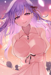Rule 34 | 1girl, absurdres, arms behind back, birthday, blush, breasts, closed mouth, dated, dress, facing viewer, fate/stay night, fate (series), fufufu hehehe, hair ribbon, happy birthday, heaven&#039;s feel, highres, large breasts, long hair, looking at viewer, matou sakura, purple eyes, purple hair, red ribbon, ribbon, short sleeves, smile, solo, white dress