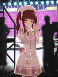 Rule 34 | 1girl, blush, brown eyes, brown hair, collarbone, dress, hat, highres, idolmaster, idolmaster cinderella girls, idolmaster cinderella girls starlight stage, long hair, looking at viewer, ogata chieri, short dress, smile, solo focus, standing, twintails, u2 (5798239), white dress, white hat, winter clothes