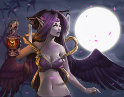 Rule 34 | 1girl, aomori, highres, league of legends, long hair, md5 mismatch, moon, morgana (league of legends), multiple girls, night, pointy ears, purple hair, resized, resolution mismatch, sky, solo, source smaller, upscaled, wings
