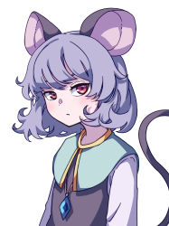 Rule 34 | 1girl, absurdres, animal ears, blue capelet, capelet, closed mouth, eyebrows hidden by hair, grey hair, highres, jewelry, kame (kamepan44231), long sleeves, looking at viewer, mouse ears, mouse tail, nazrin, one-hour drawing challenge, pendant, red eyes, short hair, simple background, solo, tail, touhou, upper body, white background, white sleeves