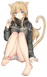 Rule 34 | 1girl, animal ears, bad id, bad pixiv id, bare legs, barefoot, black jacket, blue eyes, blush, cat ears, cat girl, cat tail, closed mouth, commentary request, fingernails, full body, hair between eyes, jacket, kurata rine, light brown hair, long hair, long sleeves, original, short shorts, shorts, simple background, smile, solo, tail, toenails, very long hair, white background, white shorts