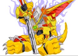 Rule 34 | armor, belt, claws, digimon, digimon (creature), energy, solo, sword, tail, victorygreymon, weapon