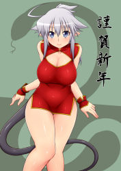 Rule 34 | 10s, 1girl, 2013, ahoge, alumina, blue eyes, blush, breasts, china dress, chinese clothes, chinese zodiac, cleavage, collarbone, curvy, dress, from above, large breasts, looking up, new year, original, pointy ears, silhouette, silver hair, smile, snake, snake (chinese zodiac), snake hair, solo, tail, thigh gap, zin (goraku hiroba)