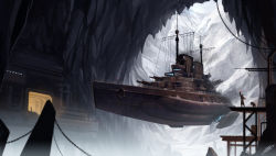 Rule 34 | absurdres, aircraft, airship, blurry, boat, cave, chain, depth of field, dog, floating, glowing, highres, ice, lights, mountain, okita, original, scenery, ship, signature, snow, vehicle focus, watercraft