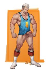 Rule 34 | 1boy, aqua tank top, bara, bare shoulders, erection, facial hair, full body, highres, large pectorals, looking at viewer, male focus, male pubic hair, mature male, muscular, muscular male, no pants, original, pectoral cleavage, pectorals, penis, pubic hair, selkiro, short hair, sicjs, sideburns, sidepec, socks, solo, standing, stubble, thick thighs, thighs, tongue, tongue out, uncensored, undercut