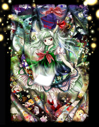 Rule 34 | 1girl, black footwear, blue dress, blue hair, bow, calligraphy brush, closed mouth, dress, ex-keine, footwear bow, gradient dress, green dress, green hair, holding, holding calligraphy brush, holding paintbrush, horn ornament, horn ribbon, horns, kamishirasawa keine, light blue hair, long hair, medinki, multicolored hair, official style, paintbrush, puffy short sleeves, puffy sleeves, red bow, red eyes, red ribbon, ribbon, scroll, shoes, short sleeves, smile, socks, solo, touhou, two-tone dress, white hair, white socks, zun (style)