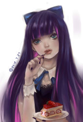 Rule 34 | 1girl, 2012,  ⑨ (withoutddwbc), blue eyes, blunt bangs, cake, circled 9, colored inner hair, dated, eating, eyelashes, food, fruit, highres, lips, long hair, multicolored hair, nail polish, panty &amp; stocking with garterbelt, purple hair, realistic, solo, spoon, stocking (psg), strawberry, sweets, two-tone hair, white background, wrist cuffs
