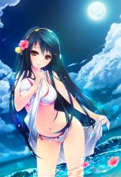 Rule 34 | 10s, 1girl, beach, bikini, black hair, breasts, brown eyes, cloud, finger to mouth, flower, full moon, hair flower, hair ornament, hairclip, haruna (kancolle), headgear, hibiscus, ichikawa noa, kantai collection, long hair, looking at viewer, moon, navel, night, ocean, partially submerged, partially underwater shot, sarong, sky, solo, standing, swimsuit, unaligned breasts, underboob, underwater, very long hair, wading, water, white bikini