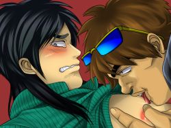 Rule 34 | 2boys, black hair, blush, brown eyes, brown hair, clenched teeth, embarrassed, glasses, green shirt, kaiji, licking, looking away, male focus, multiple boys, nipples, saliva, saliva trail, tan, tears, teeth, tongue, tongue out, undressing, wince, yaoi