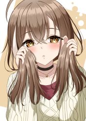 Rule 34 | 1girl, ahoge, black choker, blush, brown eyes, brown hair, choker, circle, commentary, crossed bangs, highres, holding, holding own hair, hololive, hololive english, jewelry, long hair, looking at viewer, mitarashi (mitirishi), multicolored hair, nanashi mumei, nanashi mumei (casual), necklace, official alternate costume, parted lips, red shirt, shirt, simple background, sleeves past wrists, streaked hair, sweater, virtual youtuber, white sweater