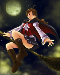 Rule 34 | 1girl, ahoge, artist request, ass, black skirt, boots, breasts, broom, broom riding, brown footwear, brown hair, cape, cloud, cloudy sky, flying, full moon, light smile, long hair, long sleeves, miniskirt, moon, night, night sky, original, parted bangs, pleated skirt, red eyes, shirt, sitting, skirt, sky, small breasts, smile, solo, star (sky), star (symbol), starry sky, vest, white shirt