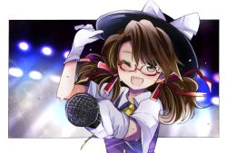 Rule 34 | 1girl, bow, brown eyes, brown hair, glasses, gloves, hat, hat bow, low twintails, microphone, oimoto jirou, one eye closed, open mouth, plaid, red-framed eyewear, ribbon, school uniform, shirt, short hair, skirt, smile, solo, touhou, twintails, usami sumireko