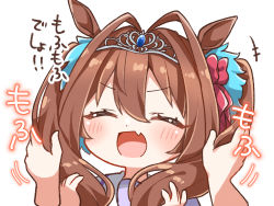 Rule 34 | +++, 1girl, :d, ^ ^, animal ears, blush, bow, brown hair, chibi, closed eyes, commentary request, daiwa scarlet (umamusume), facing viewer, fang, hair between eyes, hair bow, hair intakes, highres, horse ears, jako (jakoo21), long hair, open mouth, out of frame, purple shirt, red bow, sailor collar, school uniform, serafuku, shirt, simple background, smile, solo focus, tiara, translation request, twintails, umamusume, upper body, white background, white sailor collar