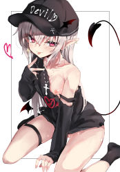 Rule 34 | 1girl, absurdres, asymmetrical clothes, baseball cap, between legs, black shirt, blush, bottomless, closed mouth, collarbone, commentary request, cross, cross earrings, cross necklace, demon girl, demon tail, demon wings, earrings, english text, flat chest, full body, grin, hair between eyes, hair over eyes, hand between legs, hand up, hat, heart, highres, jewelry, licking lips, long sleeves, necklace, nipple slip, nipples, no panties, off shoulder, original, pointy ears, pussy, pussy juice, pussy peek, red eyes, ring, shirt, sitting, smile, solo, spoken heart, strap slip, sweatdrop, tail, thigh strap, tongue, tongue out, toshizou (0714), v, wariza, wavy mouth, white hair, wings