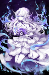 Rule 34 | 1girl, absurdres, arm garter, bare arms, bare shoulders, blue background, blue bow, blue choker, blue eyes, blue nails, blue ribbon, bow, braid, candle, candlestand, choker, commentary, dress, eyelashes, hand up, highres, hitodama, holding, long hair, looking at viewer, nail polish, original, pale skin, parted lips, ribbon, ribbon choker, sheya, silver hair, smile, solo, strapless, strapless dress, thighs, white dress