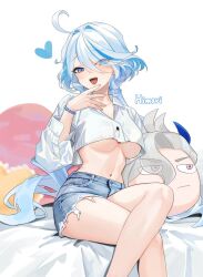 Rule 34 | 1girl, :d, alternate costume, aqua hair, artist name, bare legs, bed sheet, blue eyes, bracelet, breasts, cameo, casual, character doll, cleavage, collarbone, commentary, contemporary, cropped shirt, crossed legs, denim, denim shorts, drop-shaped pupils, eyes visible through hair, furina (genshin impact), genshin impact, hair between eyes, hair over one eye, head tilt, heart, heart-shaped pillow, heterochromia, highres, himari (himari ttc), jewelry, long bangs, long hair, long sleeves, looking at viewer, low twintails, medium breasts, mismatched pupils, multicolored hair, navel, neuvillette (genshin impact), open mouth, pillow, shirt, short shorts, shorts, sidelocks, simple background, sitting, smile, smirk, solo, stomach, streaked hair, symbol-shaped pupils, twintails, two-tone hair, underboob, wavy hair, white shirt