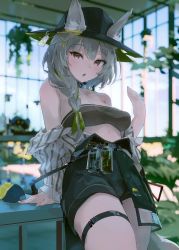 Rule 34 | 1girl, absurdres, animal ears, arknights, arm support, bandeau, bare shoulders, beanstalk (arknights), beanstalk (elite ii) (arknights), black choker, black hat, black shorts, braid, choker, commentary request, covered erect nipples, cowboy shot, ears through headwear, fedora, green ribbon, grey hair, grey shirt, hair ribbon, hand up, hat, highres, indoors, infection monitor (arknights), long hair, looking at viewer, nitro (mugityaoisii), off shoulder, parted lips, pink eyes, ribbon, shirt, shorts, single braid, solo, strapless, thigh strap, thighs, tube top