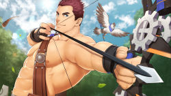 Rule 34 | 1boy, abs, bara, bird, bow (weapon), brown hair, drawing bow, dutch angle, eagle, eddie (gyee), feathers, flying, foreshortening, gyee, highres, holding, holding bow (weapon), holding weapon, large pectorals, leaf, male focus, mizuki gai, muscular, muscular male, nipples, official art, official wallpaper, pectorals, topless male, short hair, smile, solo, stomach, upper body, weapon