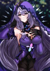 Rule 34 | 1girl, bare shoulders, black gloves, black swan (honkai: star rail), blue sealad, breasts, cleavage, commentary request, cowboy shot, dress, elbow gloves, gloves, grey hair, hand on own chest, honkai: star rail, honkai (series), large breasts, long hair, looking at viewer, purple dress, smile, solo, standing, veil, very long hair, yellow eyes