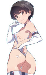 Rule 34 | 1girl, ass, bare shoulders, black hair, blush, breasts, brown eyes, closed mouth, elbow gloves, em (totsuzen no hakike), girls und panzer, gloves, groin, heart, heart tattoo, looking at viewer, looking back, sawa azusa, shiny skin, short hair, simple background, slingshot swimsuit, small breasts, smile, solo, standing, swimsuit, tattoo, thighhighs, white background, white gloves, white thighhighs