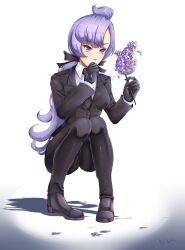 Rule 34 | 1girl, absurdres, anabel (pokemon), ass, bad deviantart id, bad id, breasts, business suit, creatures (company), curvy, female focus, flower, formal, game freak, gloves, highres, lavender (flower), long hair, matching hair/eyes, medium breasts, nintendo, petals, pokemon, pokemon sm, ponytail, purple eyes, purple hair, shiny clothes, shoes, solo, squatting, suit, taut clothes, technicalbliss