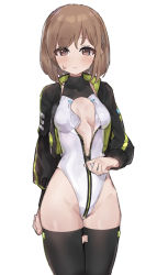 Rule 34 | 1girl, alice gear aegis, black jacket, black thighhighs, blush, braid, breasts, brown hair, center opening, closed mouth, commentary request, cropped jacket, epi zero, groin, heattech leotard, highleg, highleg leotard, highres, jacket, leotard, long sleeves, looking at viewer, open clothes, open jacket, red eyes, short hair, simple background, small breasts, solo, standing, sutegoro shiina, sweat, thighhighs, turtleneck, white background, white leotard, zipper